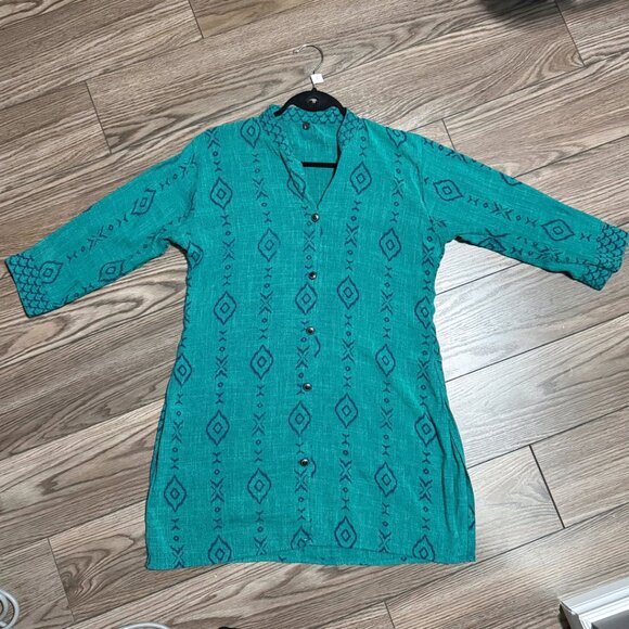 Vintage 90s Teal Geometric Tunic Button-Up – Size L - Picture 12 of 15